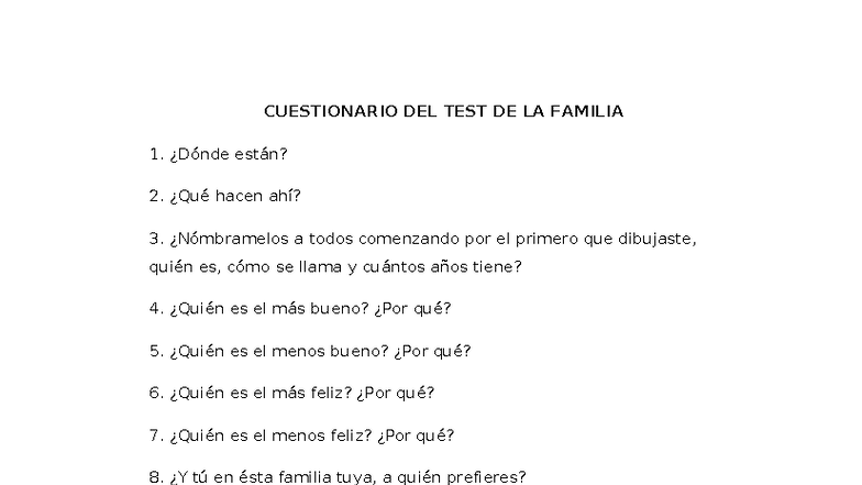 Cuestionario del Test de la Familia: Preguntas y Respuestas - Studocu