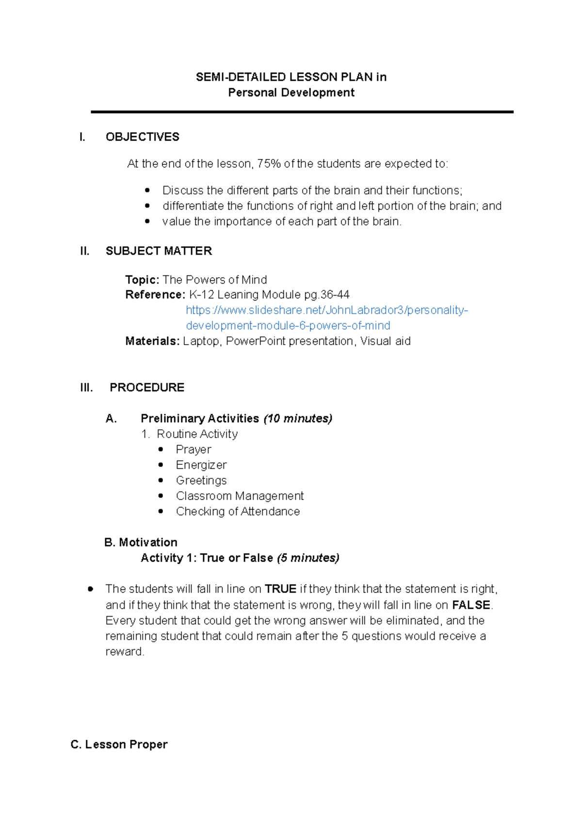 Lesson plan 2 - useful - SEMI-DETAILED LESSON PLAN in Personal ...