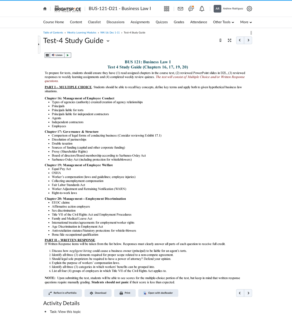 BUS 121 Test 4 Study Guide: Business Law I - Studocu