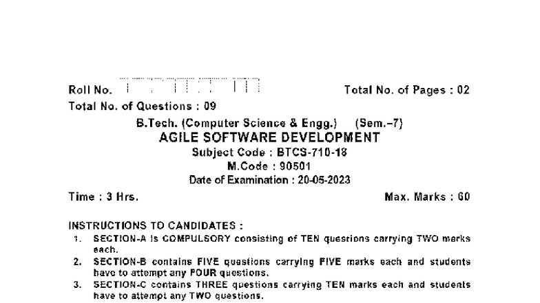 B.Tech CSE 7th Sem Agile Software Development Exam Notes (M.Code: 90501 ...