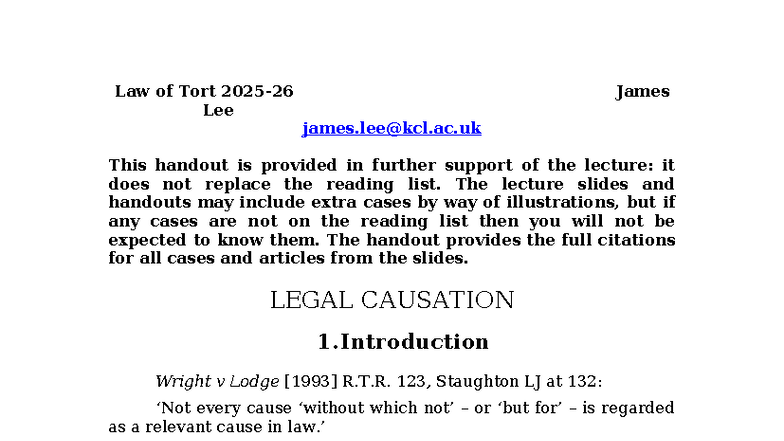 Legal Causation Lecture Handout - Law of Tort 2025-26 James Lee james ...