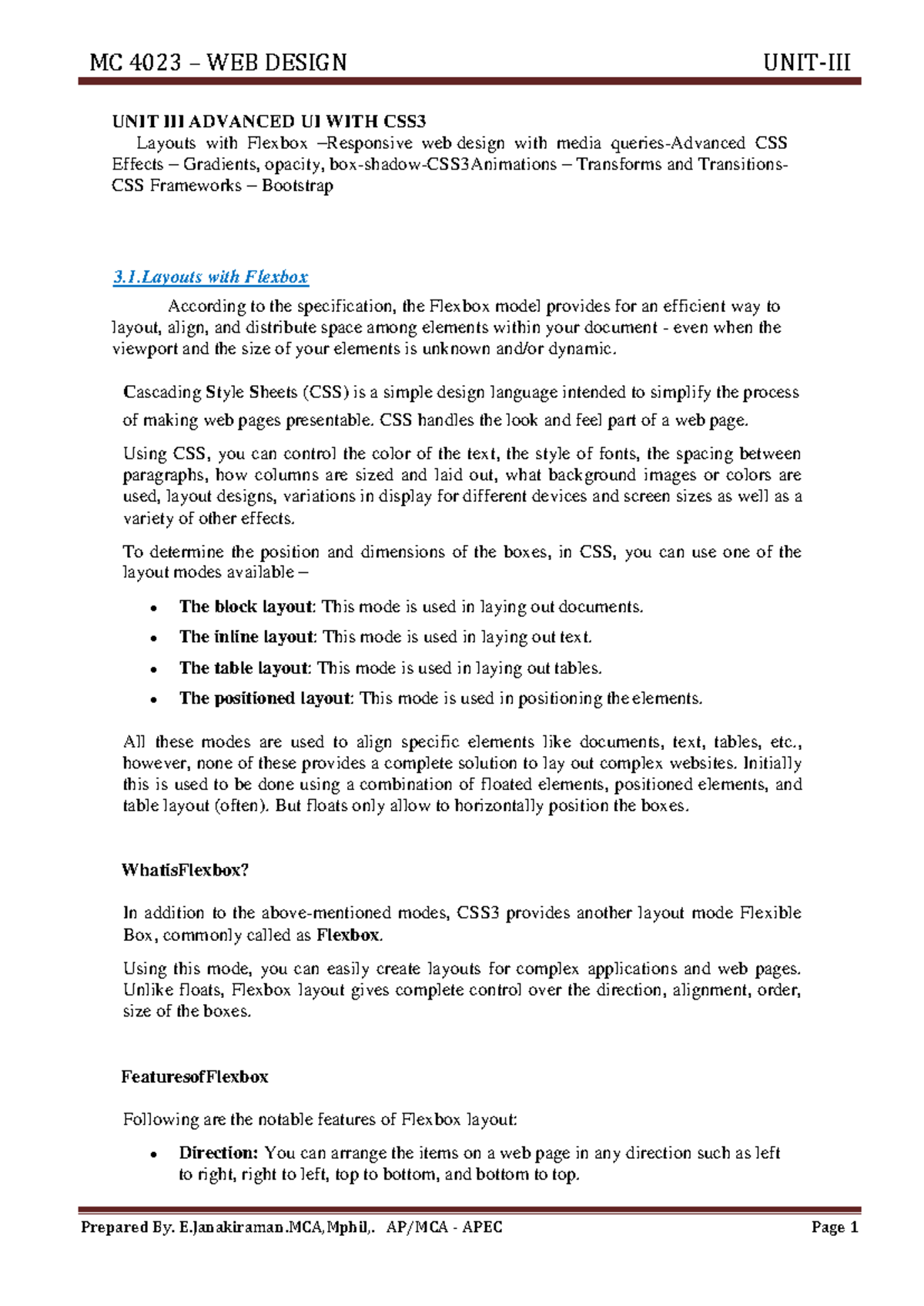 UNIT III WEB PAGE Layouts WITH CSS3 - UNIT III ADVANCED UI WITH CSS ...