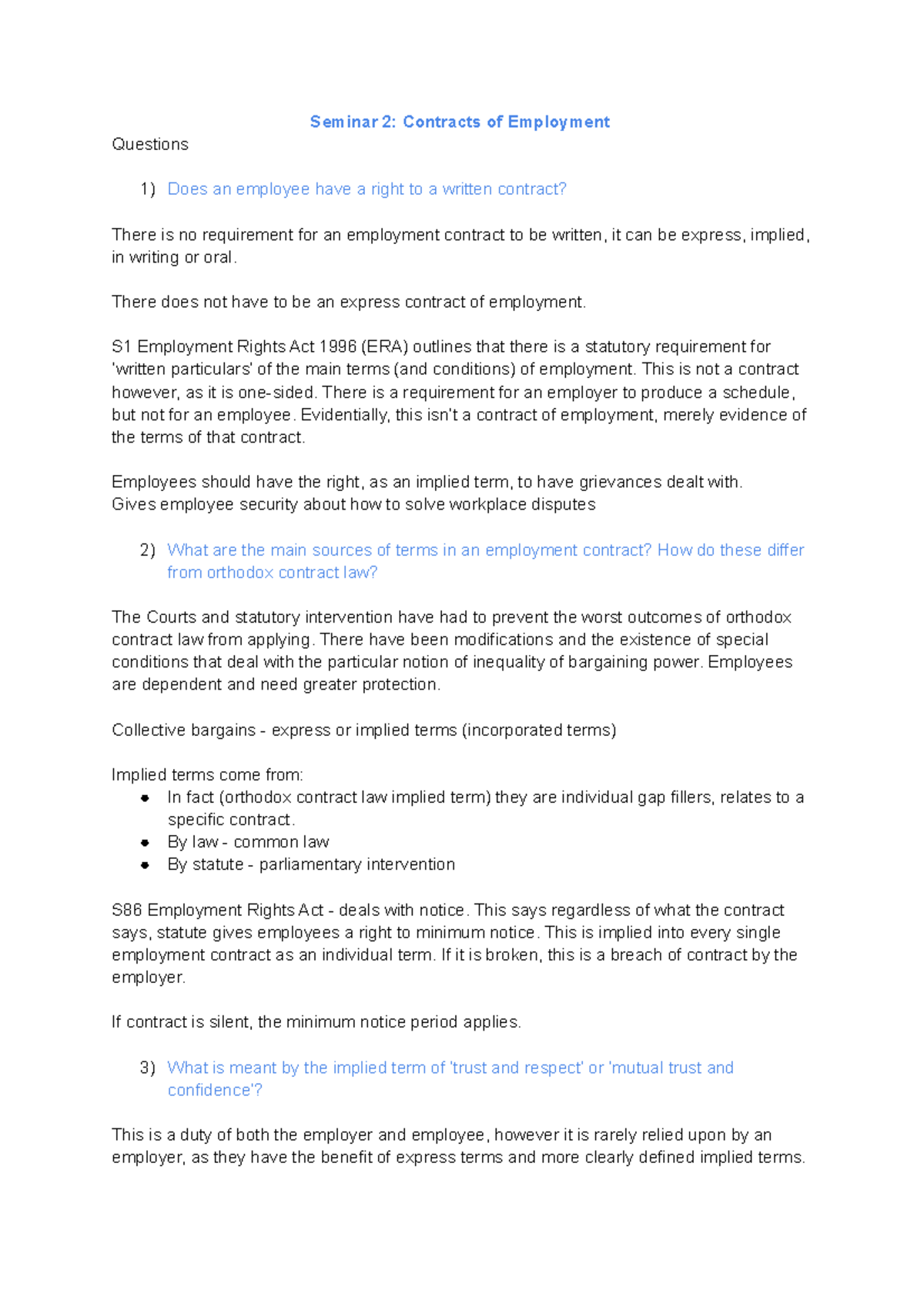 Employment Law Seminar 2: Key Points on Contracts & Rights - Studocu