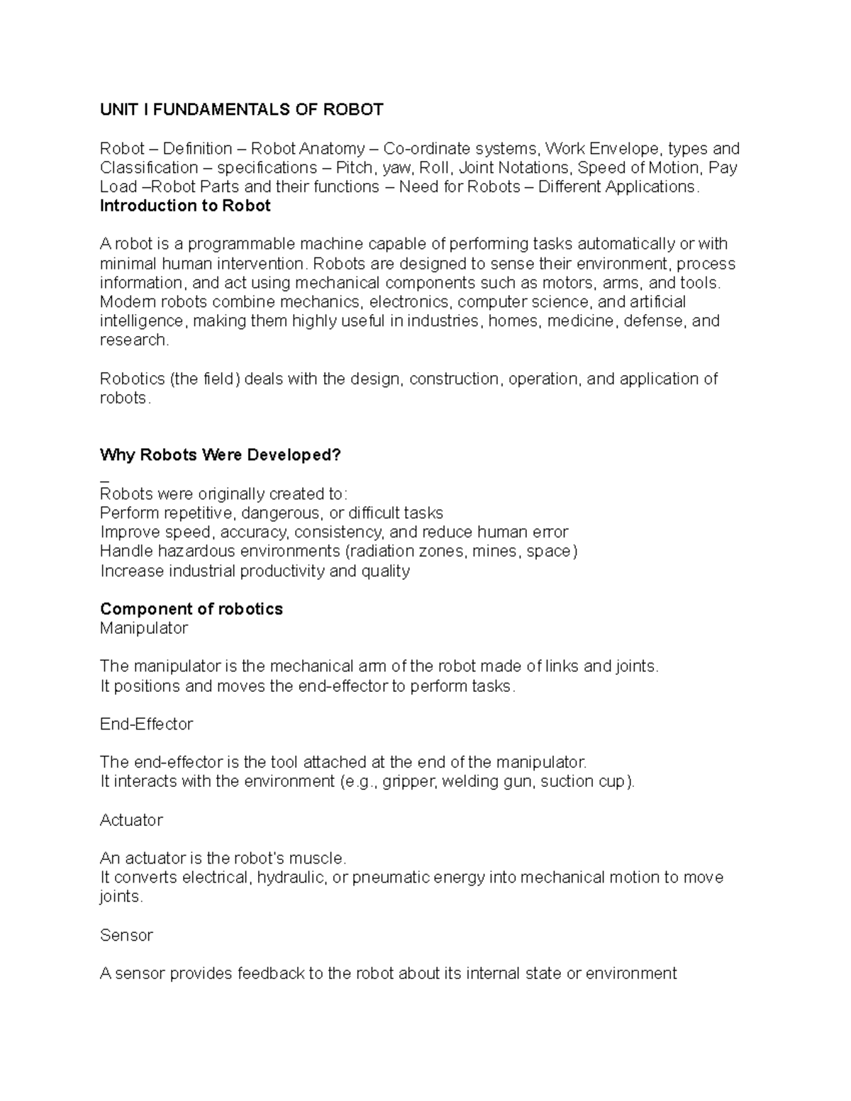 UNIT I: FUNDAMENTALS OF ROBOTICS - Detailed Notes on Definitions ...