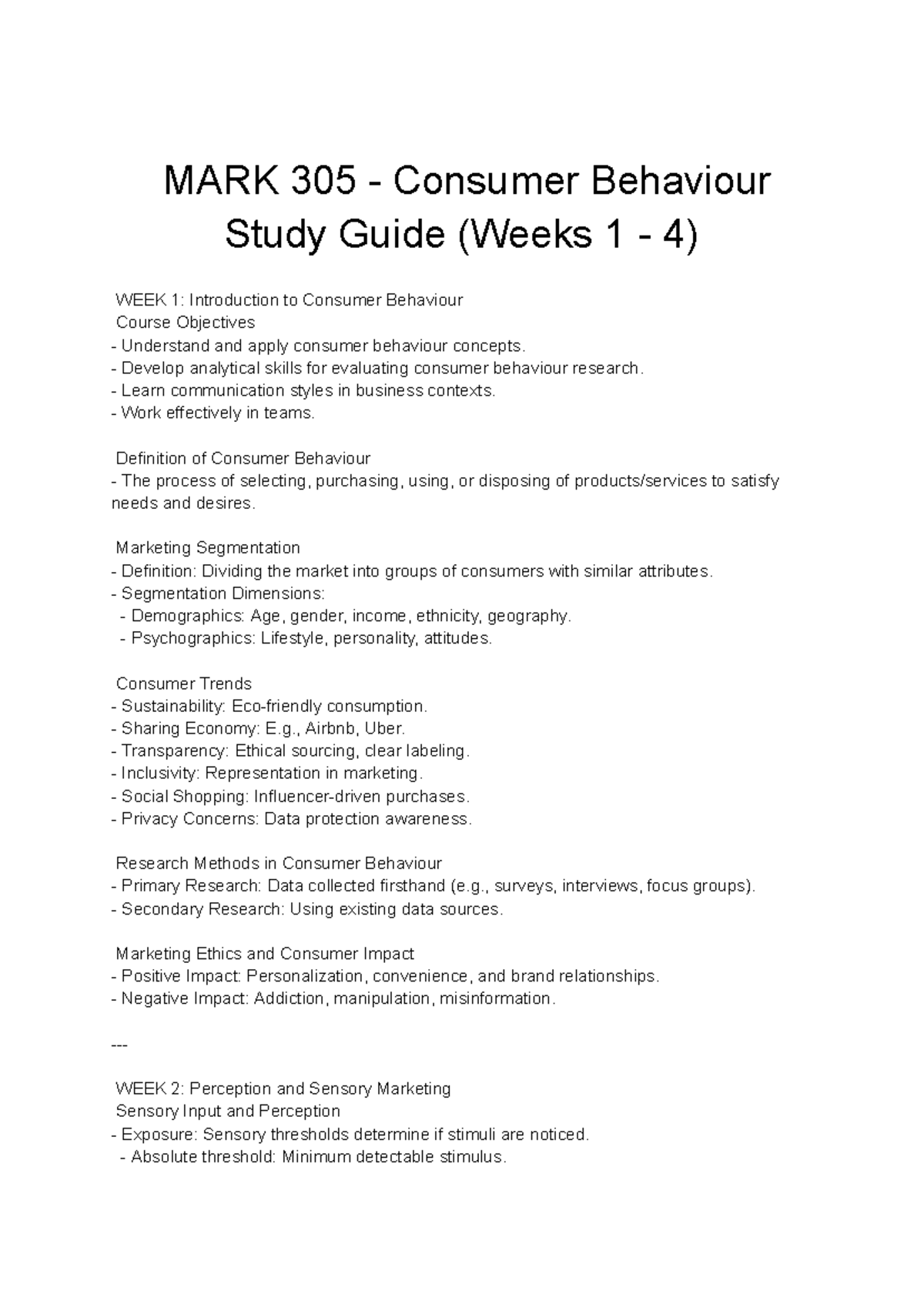 Test 1 slides - MARK 305 - Consumer Behaviour Study Guide (Weeks 1 - 4 ...