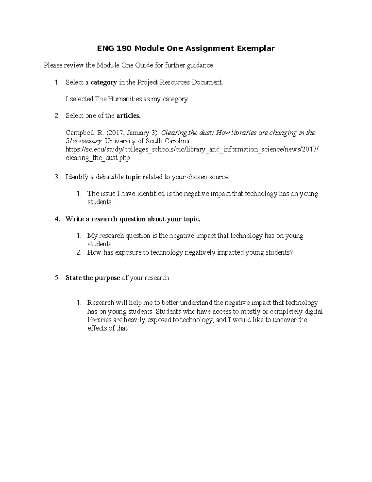 ENG 190 Module One Assignment: Impact of Technology on Students - Studocu