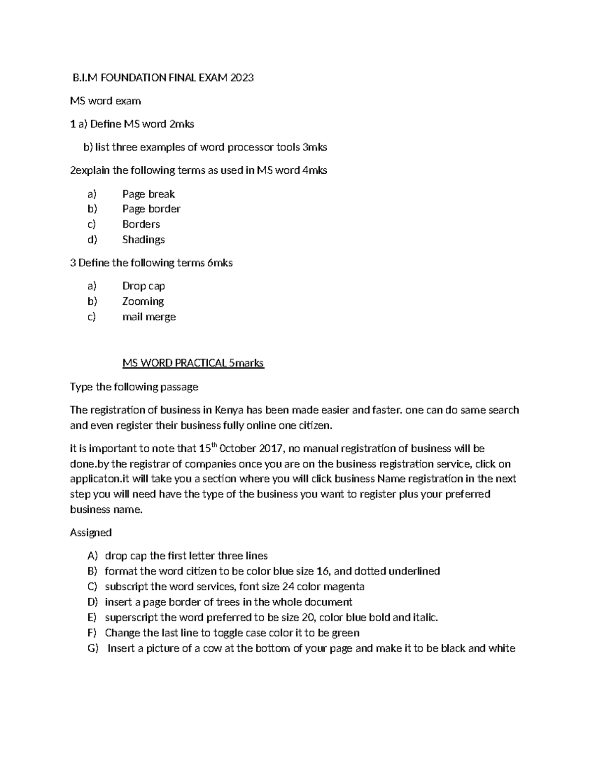 B.I.M. Foundation MS Word Final Exam Questions 2023 - Studocu