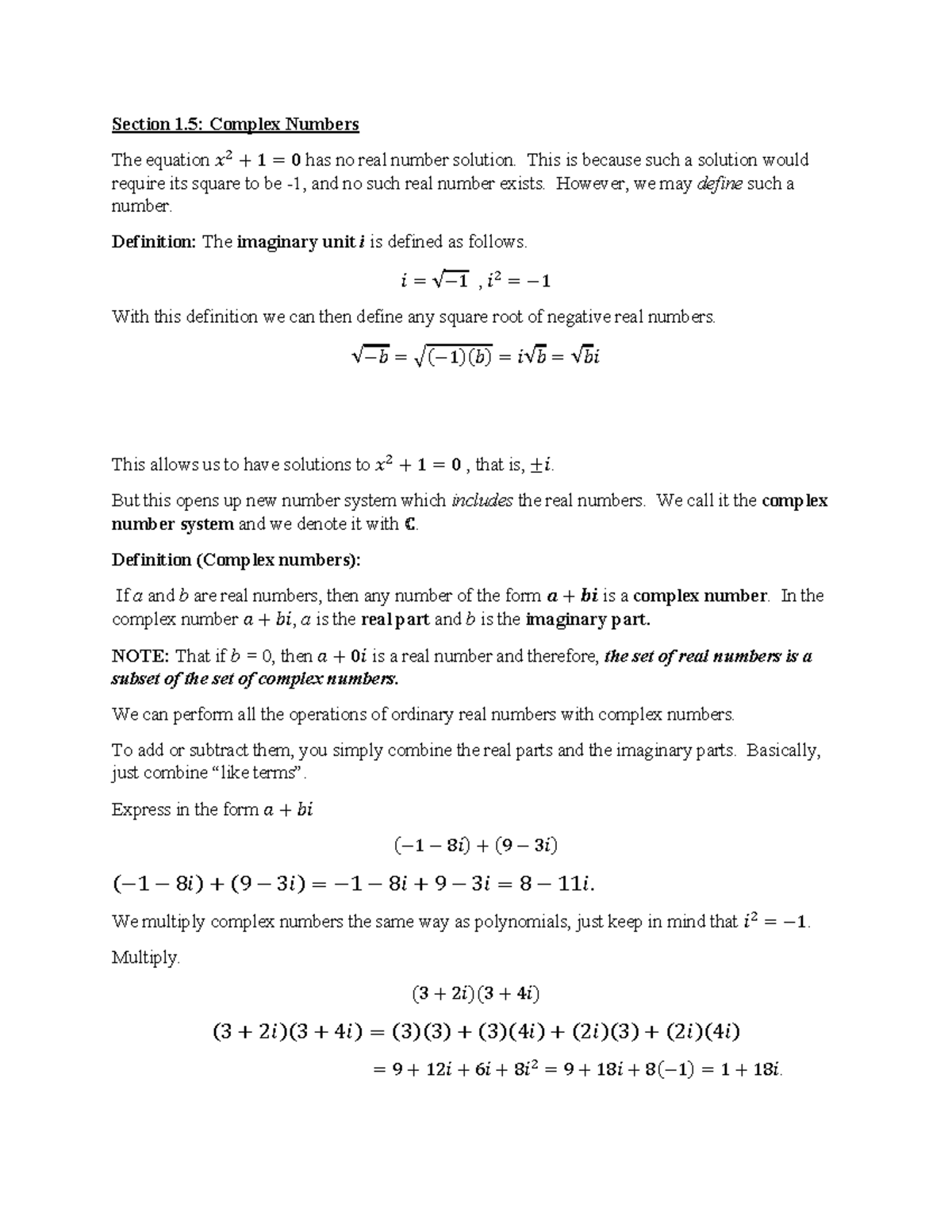 Section 1.5- Complex Numbers - Section 1: Complex Numbers The equation ...