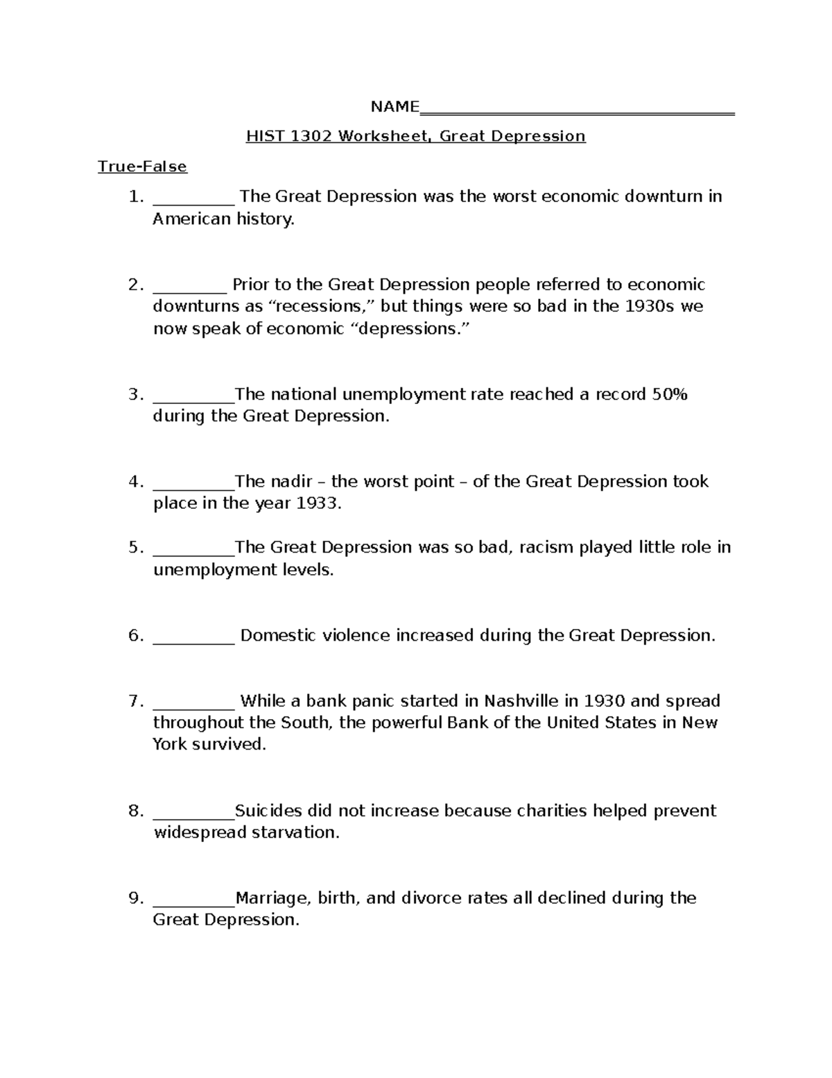 HIST 1302 Worksheet: Exploring the Great Depression Era - Studocu