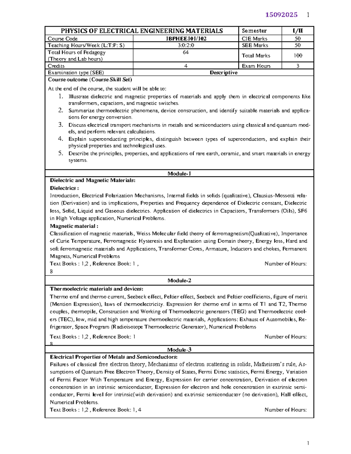15092025 PHYSICS OF ELECTRICAL ENGINEERING MATERIALS Syllabus Overview ...