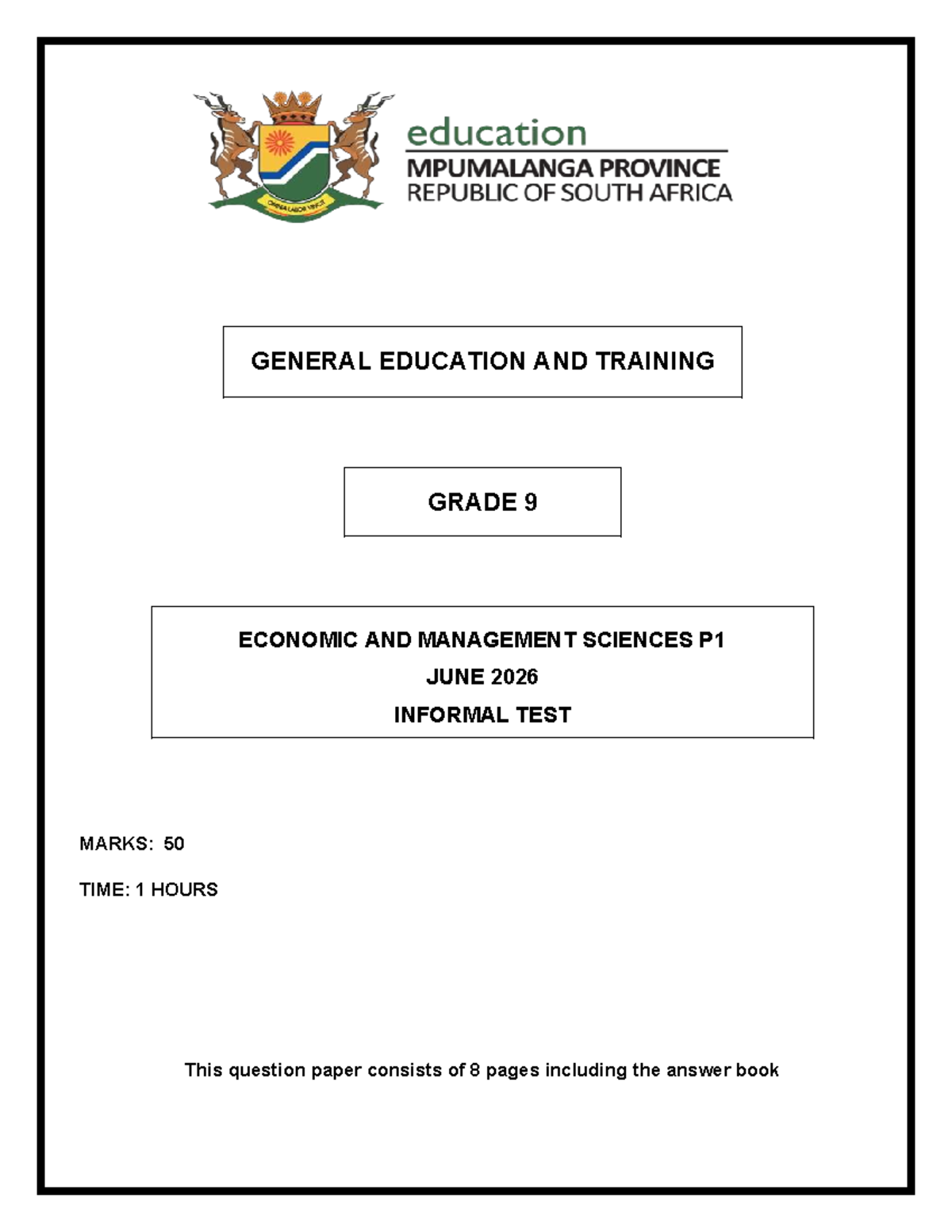 2026 EMS Grade 9 P1 Informal Test Question Paper - Studocu