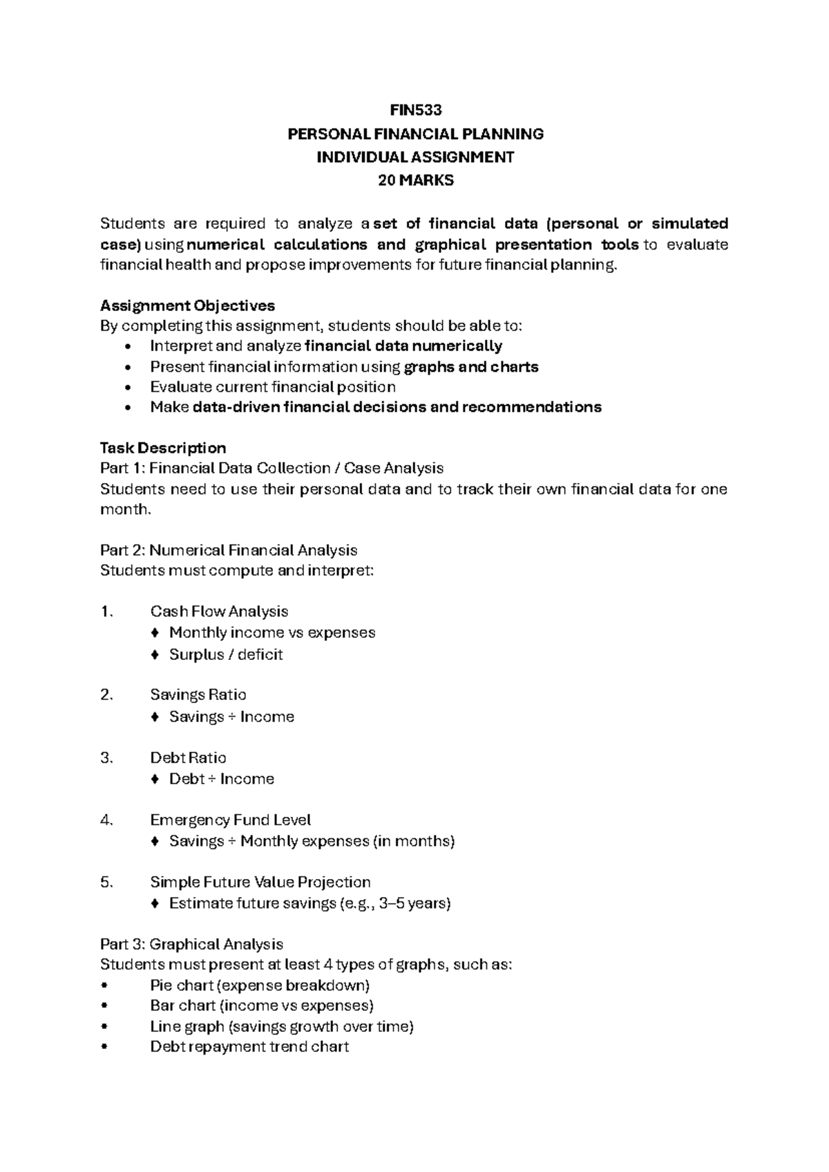 FIN533 Personal Financial Planning Individual Assignment Analysis - Studocu