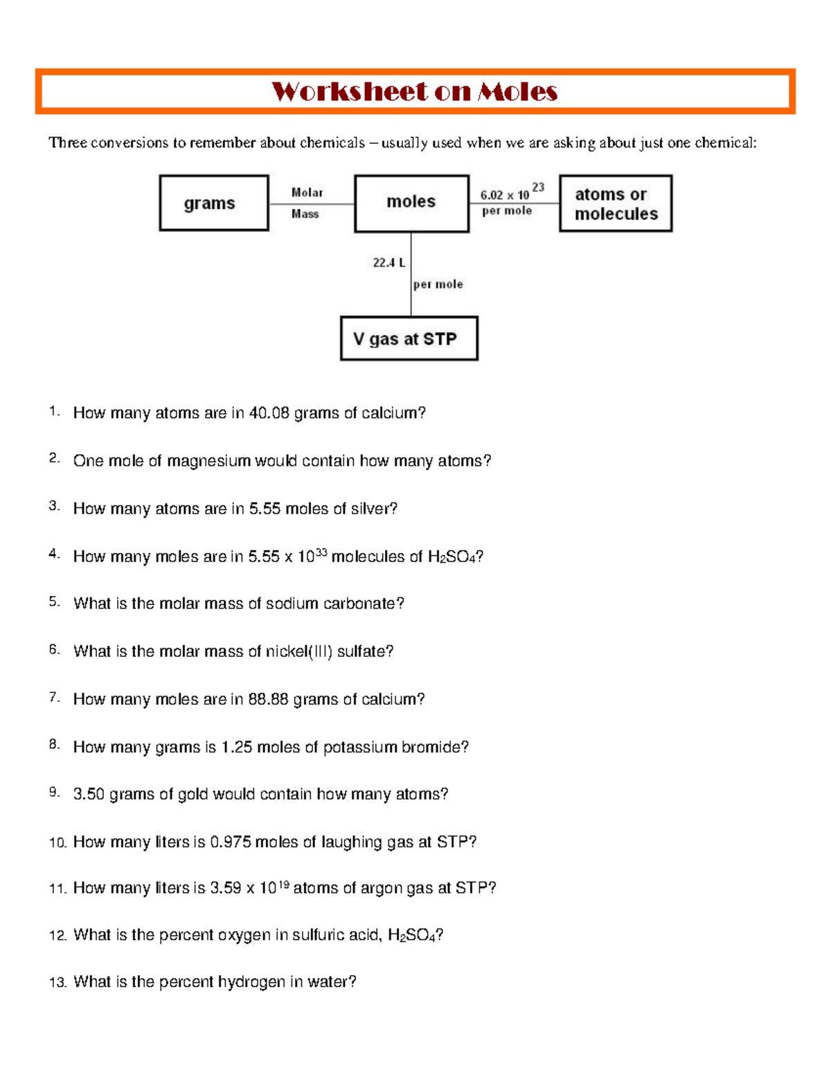 Chemistry Worksheet: Mole Conversions and Calculations - Studocu