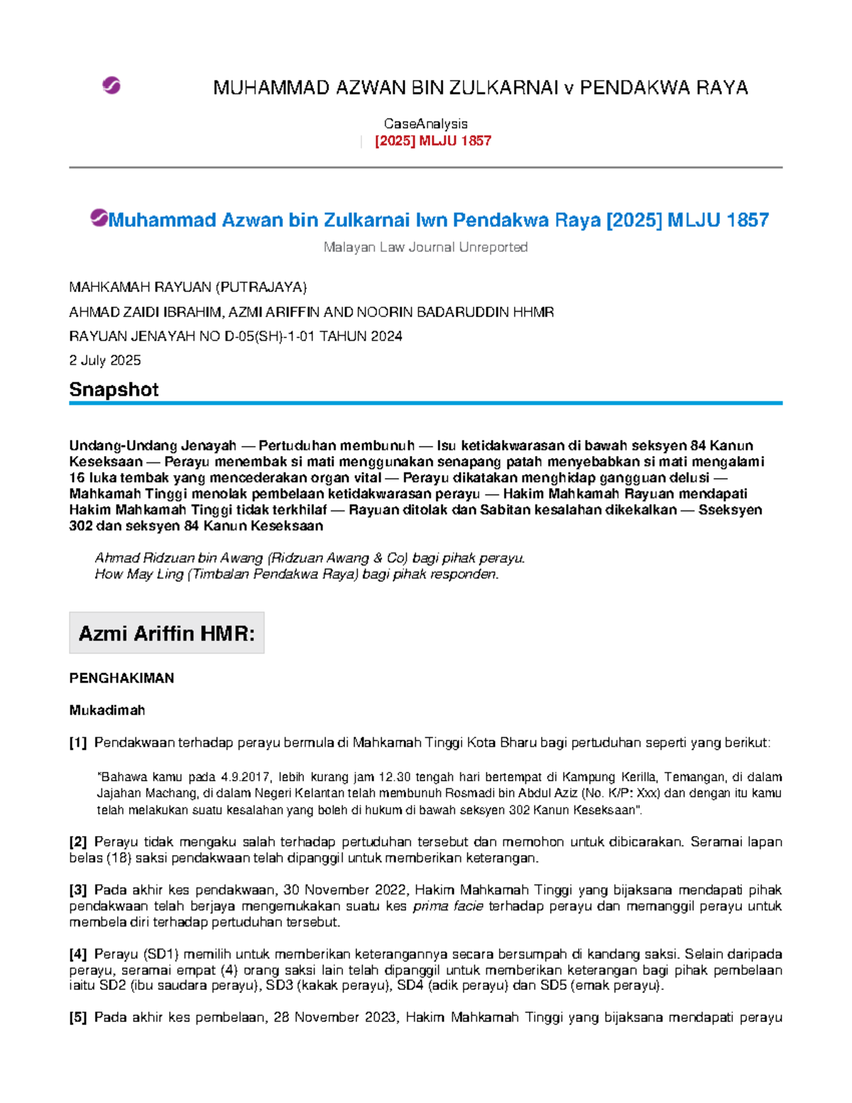 Muhammad Azwan bin Zulkarnai lwn Pendakwa Raya: Analisis Kes MLJU 1857 ...