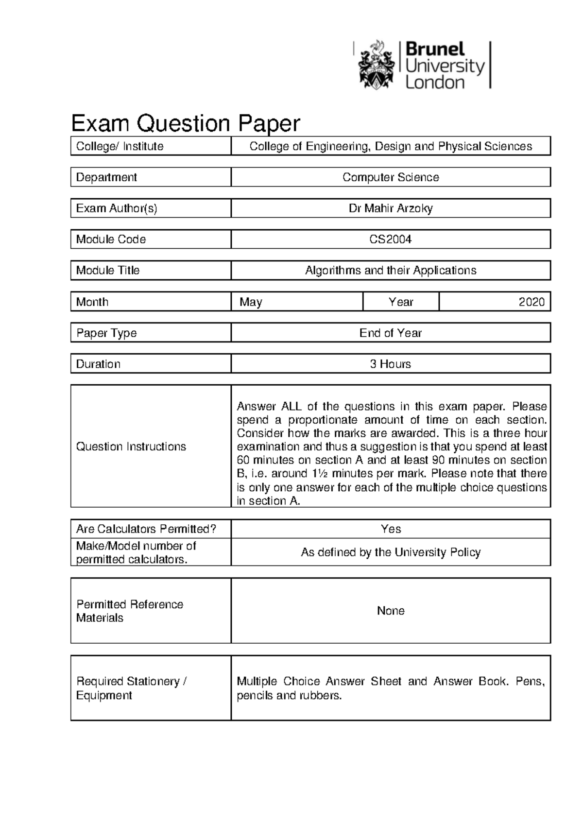 2019-2020 - CS2004 Examination Paper (Question Paper) - Exam Question ...