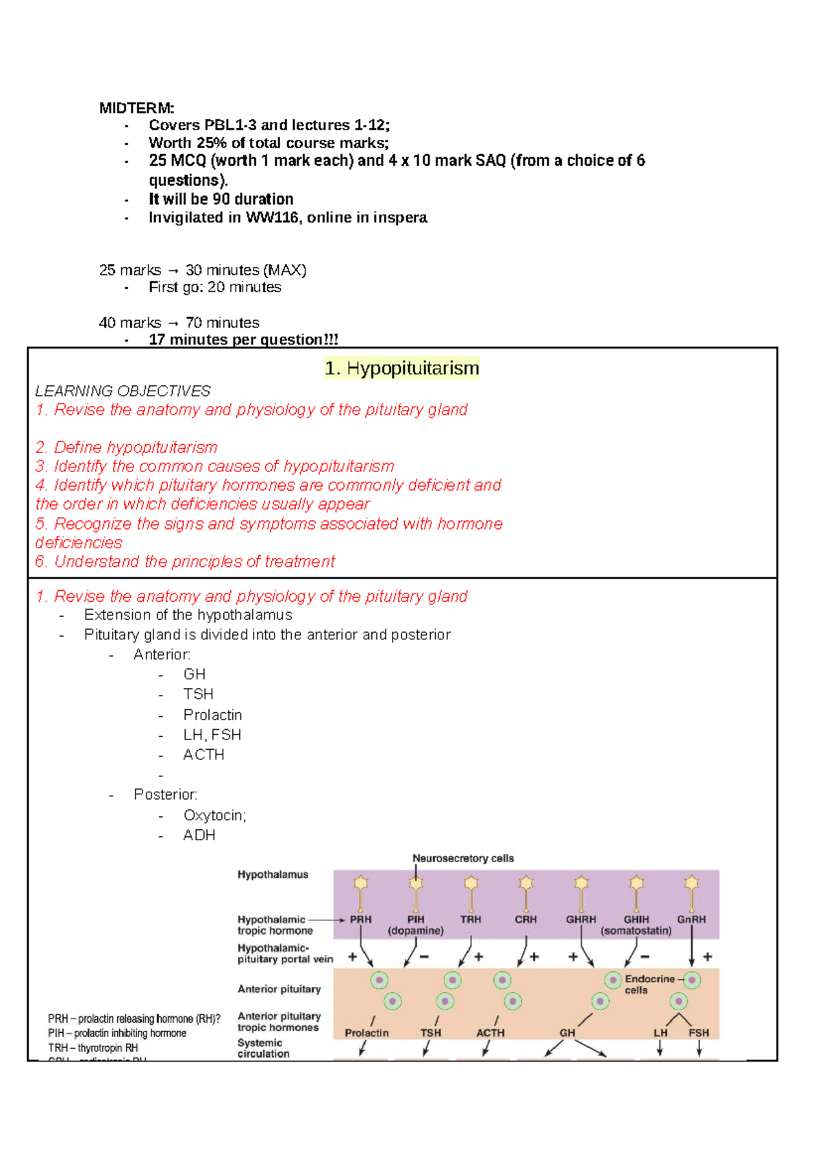 PHSL 3221 MIDTERM EXAM: Hypopituitarism & Endocrine Functions Notes ...