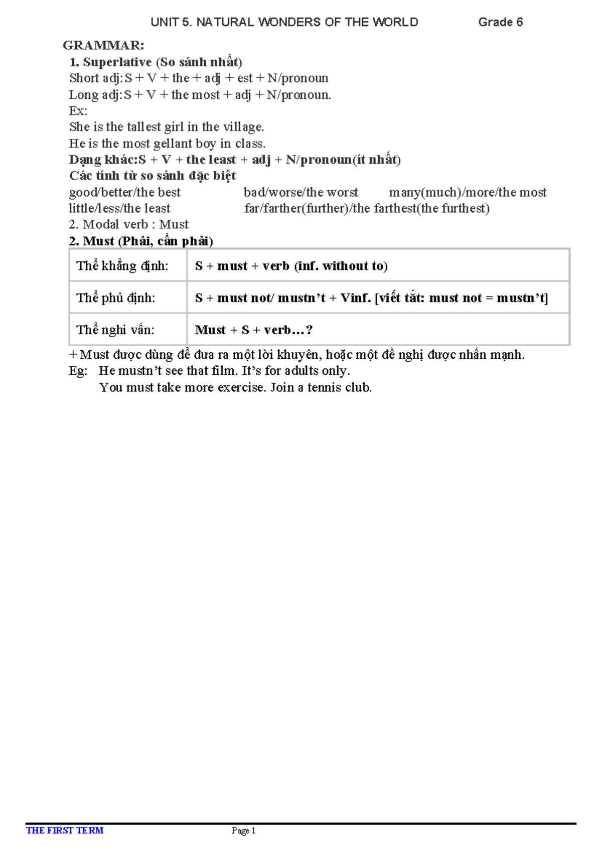 UNIT 5: NATURAL WONDERS & GRAMMAR NOTES (Grade 6) - Studocu