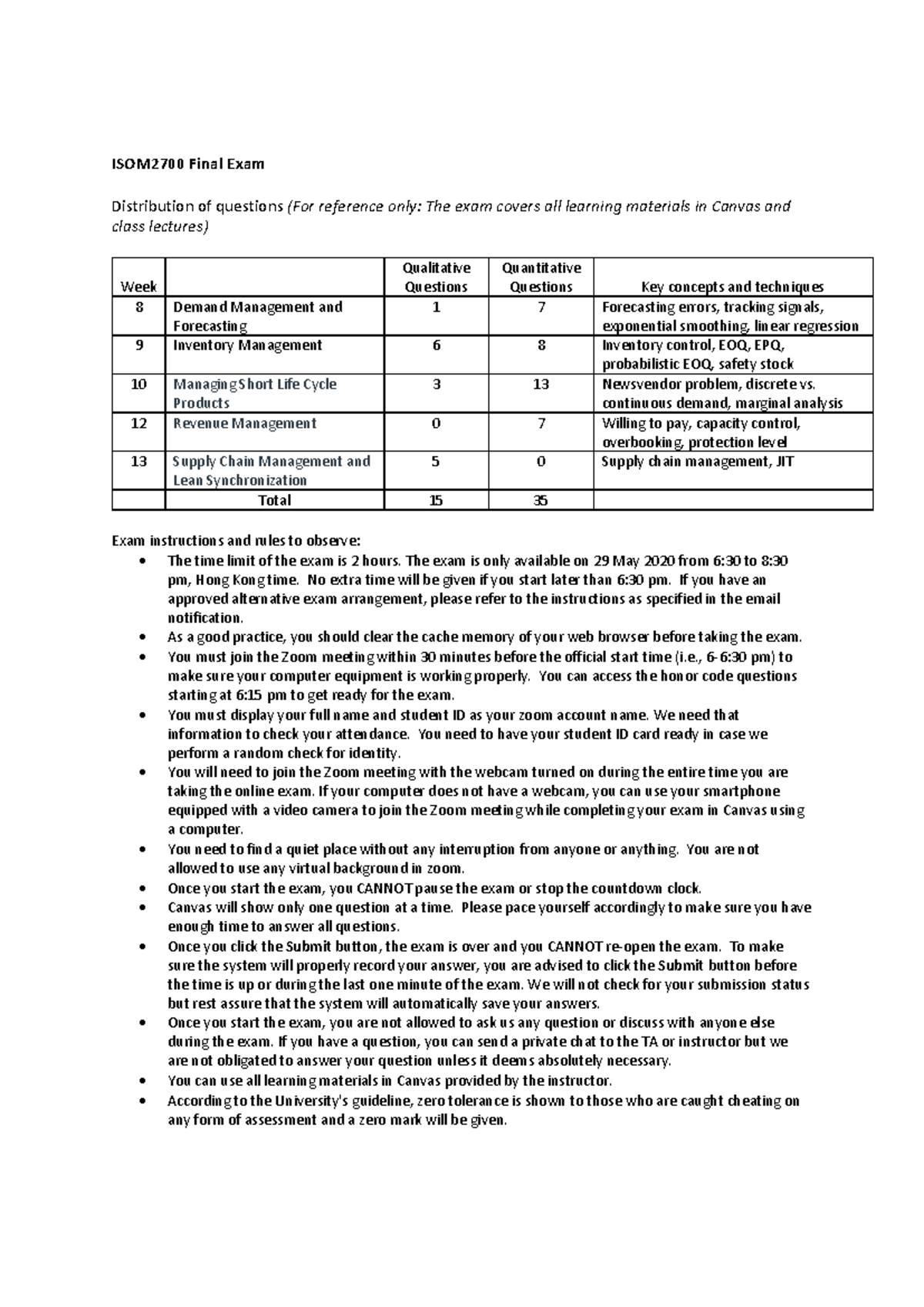 S2020 ISOM2700 Final Exam Instructions & Guidelines for Students - Studocu