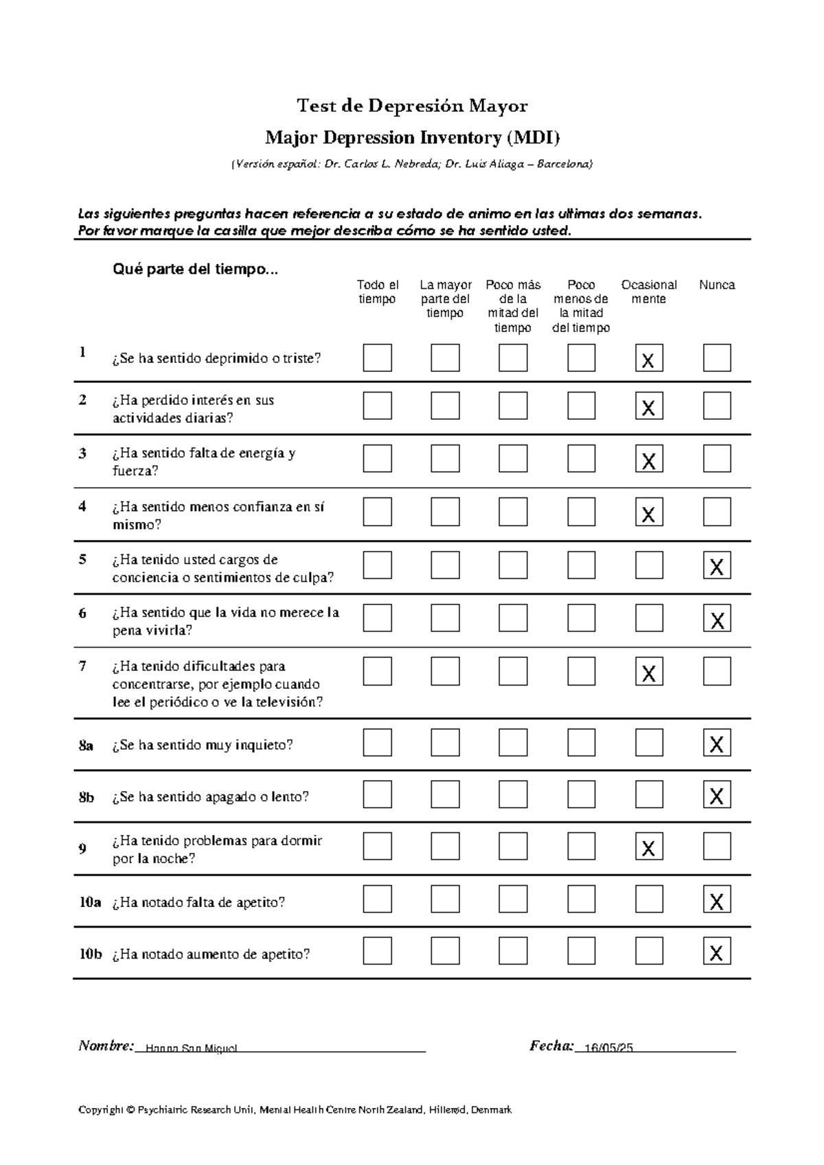 Major Depression Inventory Spanish - Copyright © Psychiatric Research ...