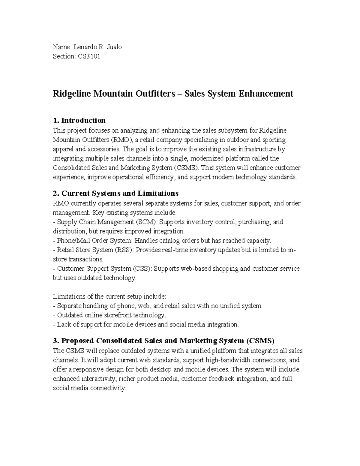 CS3101 Case Study: Enhancing RMO's Sales System - Studocu
