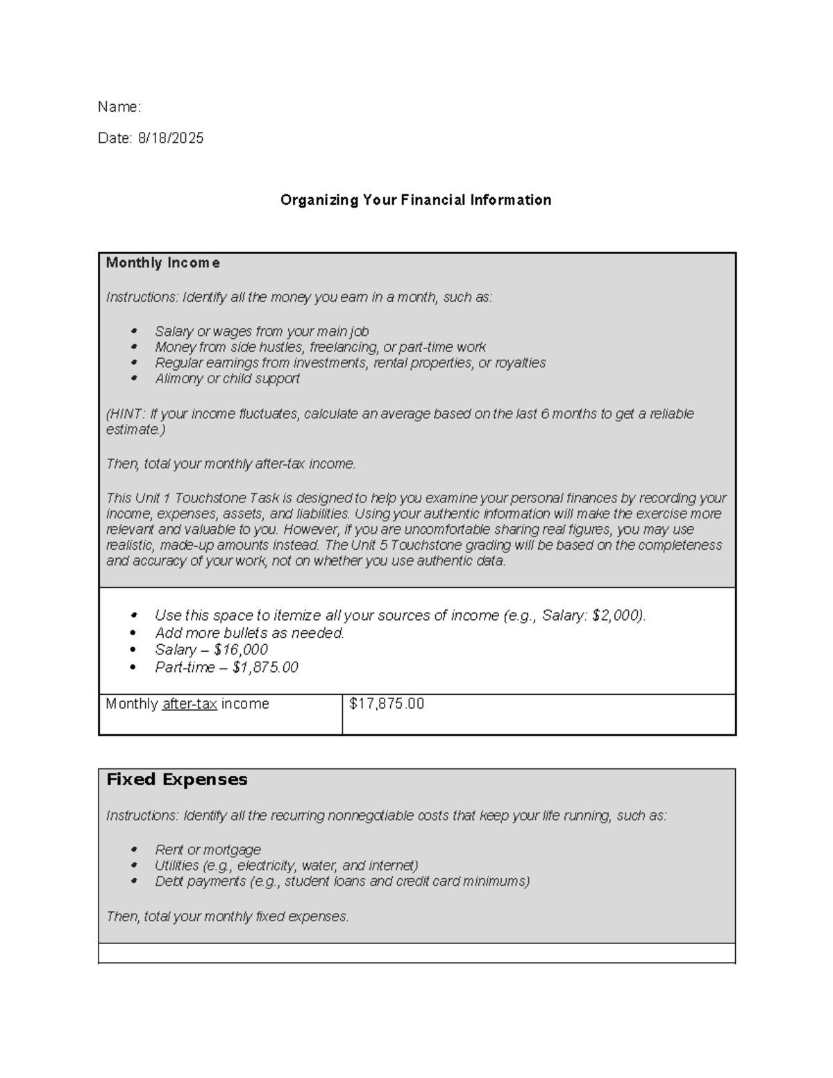 Touchstone Task 1: Organizing Your Financial Info & Monthly Income ...