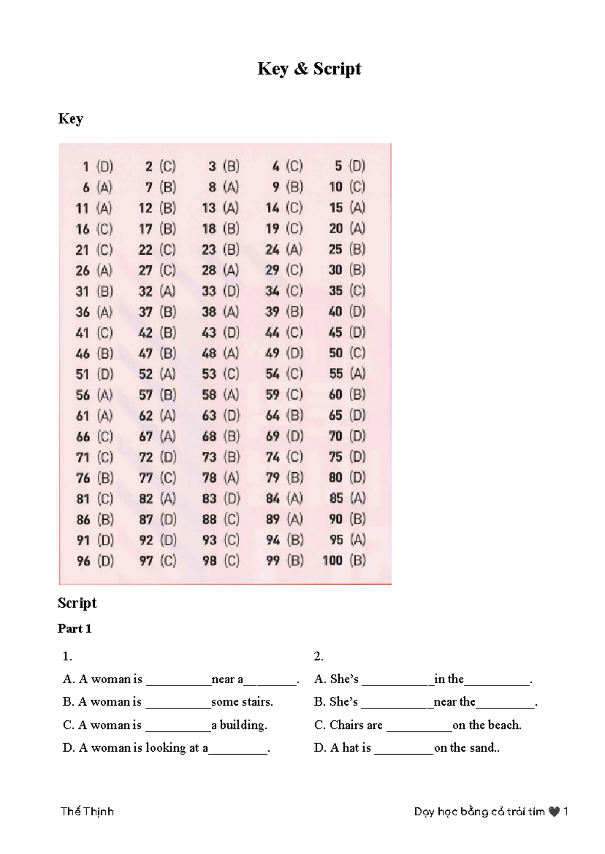 LC Key & Dictation - Luyện đề tiếng Anh - Key & Script Key Script Part ...
