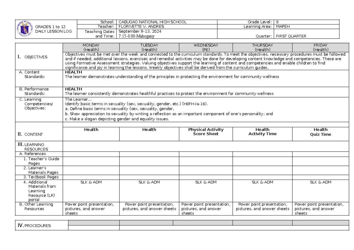 DLL Quarter 1 Mapeh 8 Health WEEK 7 - GRADES 1 to 12 DAILY LESSON LOG ...