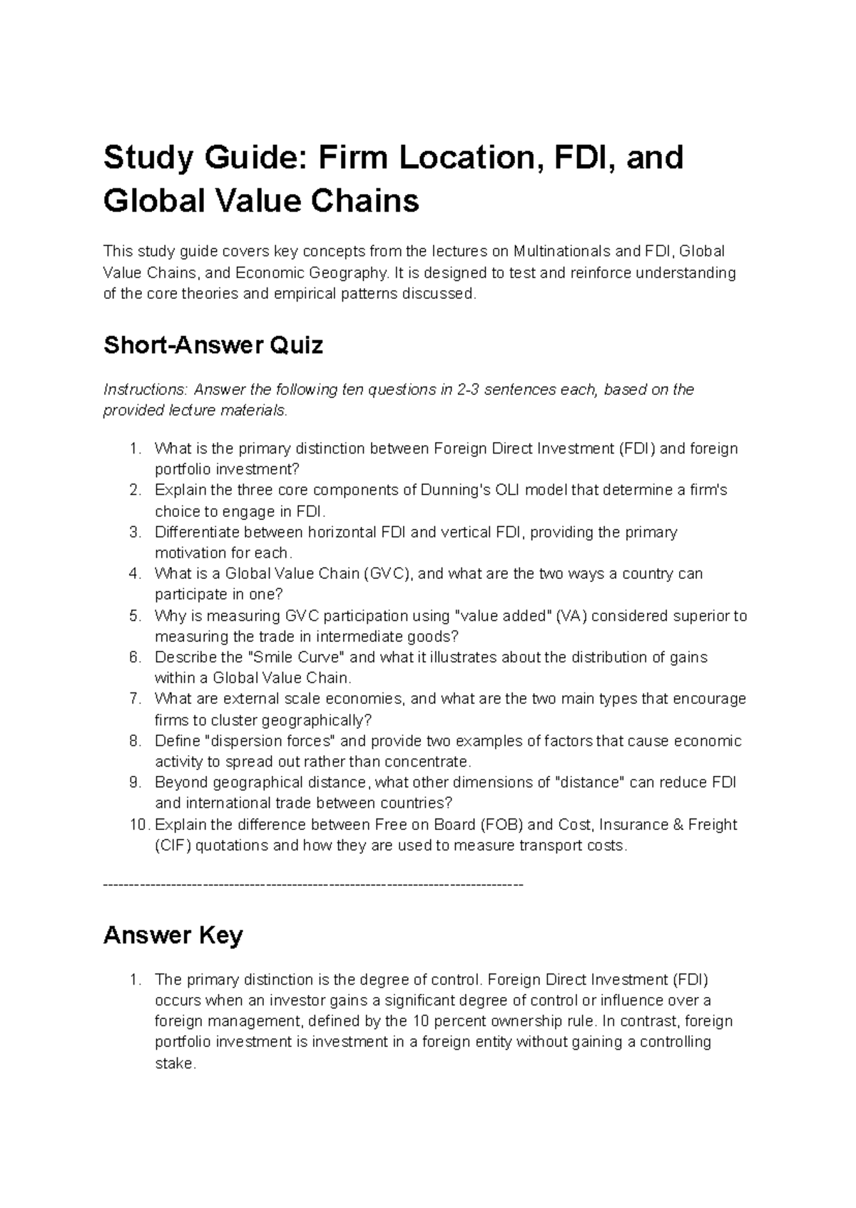 Study Guide: FDI, Global Value Chains & Economic Geography Concepts ...