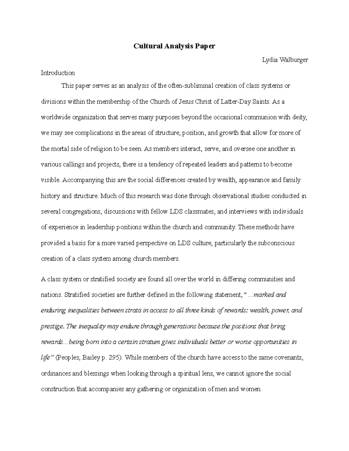 Week 14 LDS Cultural Analysis - Cultural Analysis Paper Lydia Walburger ...