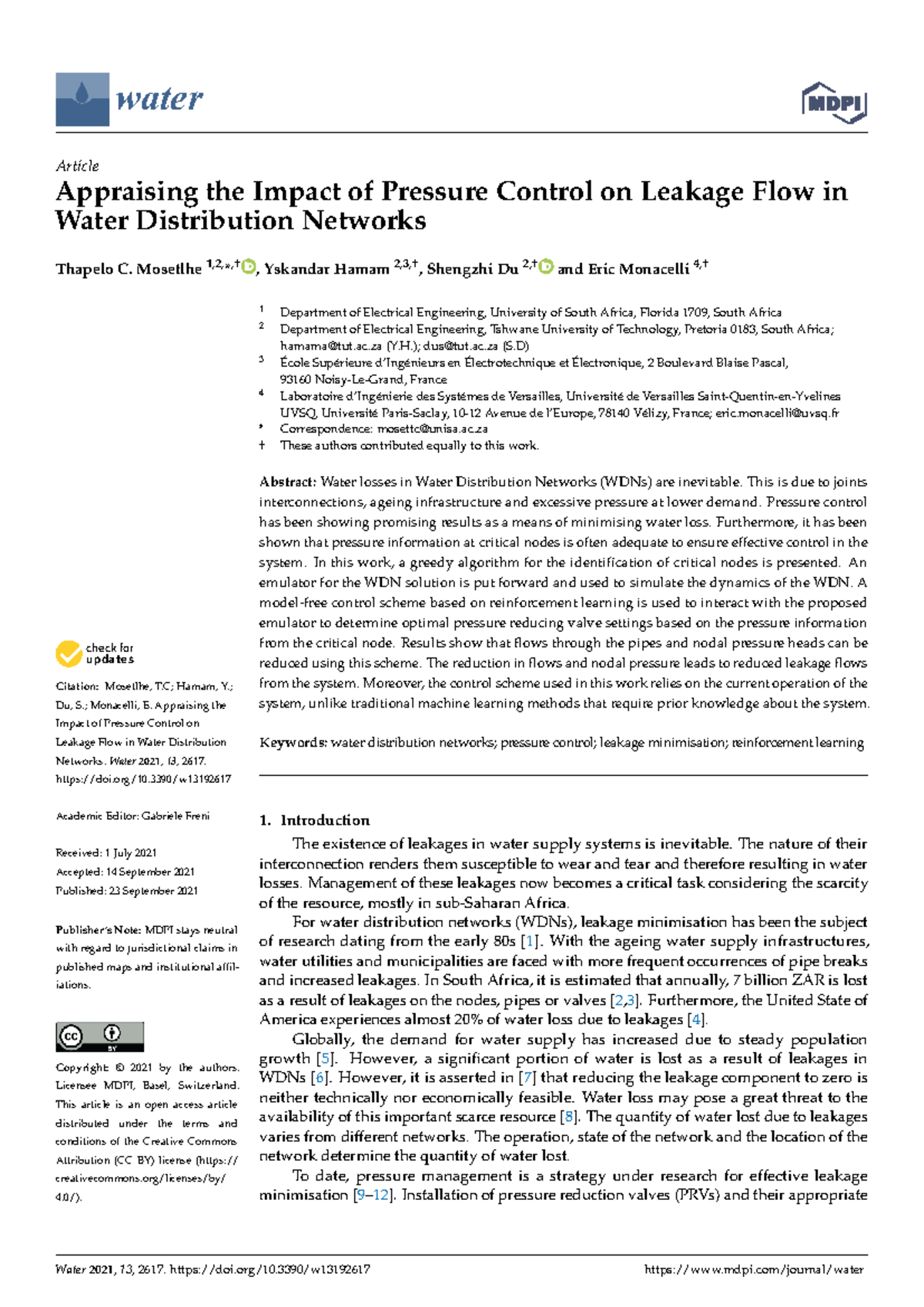Water Distribution Networks: Impact of Pressure Control on Leakage Flow ...