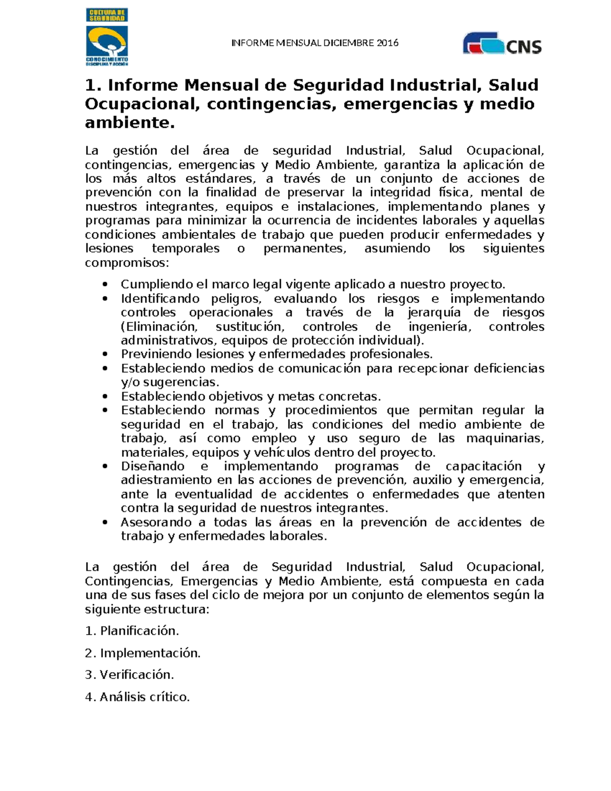 Informe Mensual de Seguridad Industrial y Salud Ocupacional - Diciembre ...