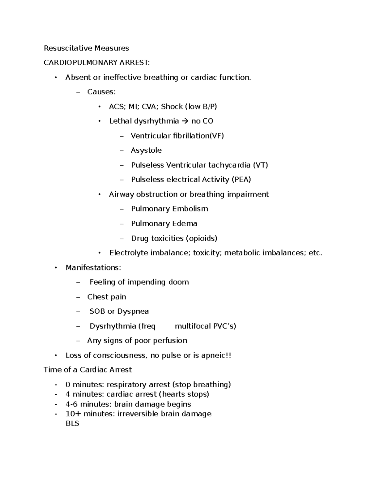 Resuscitative Measures in Cardiac Arrest: BLS & ACLS Protocols - Studocu
