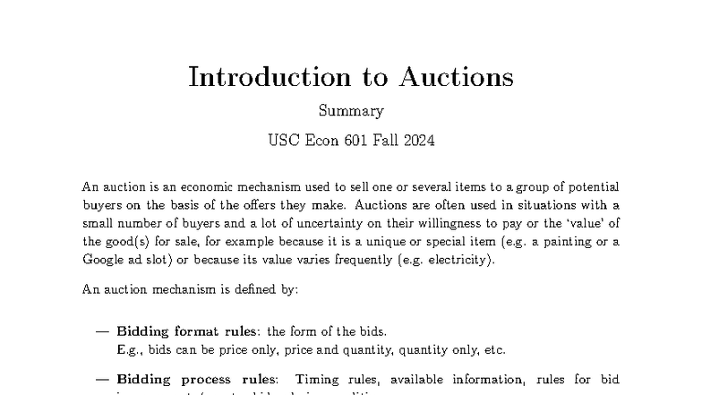 Auctions Overview and Key Concepts USC Econ 601 Fall 2024 - Studocu