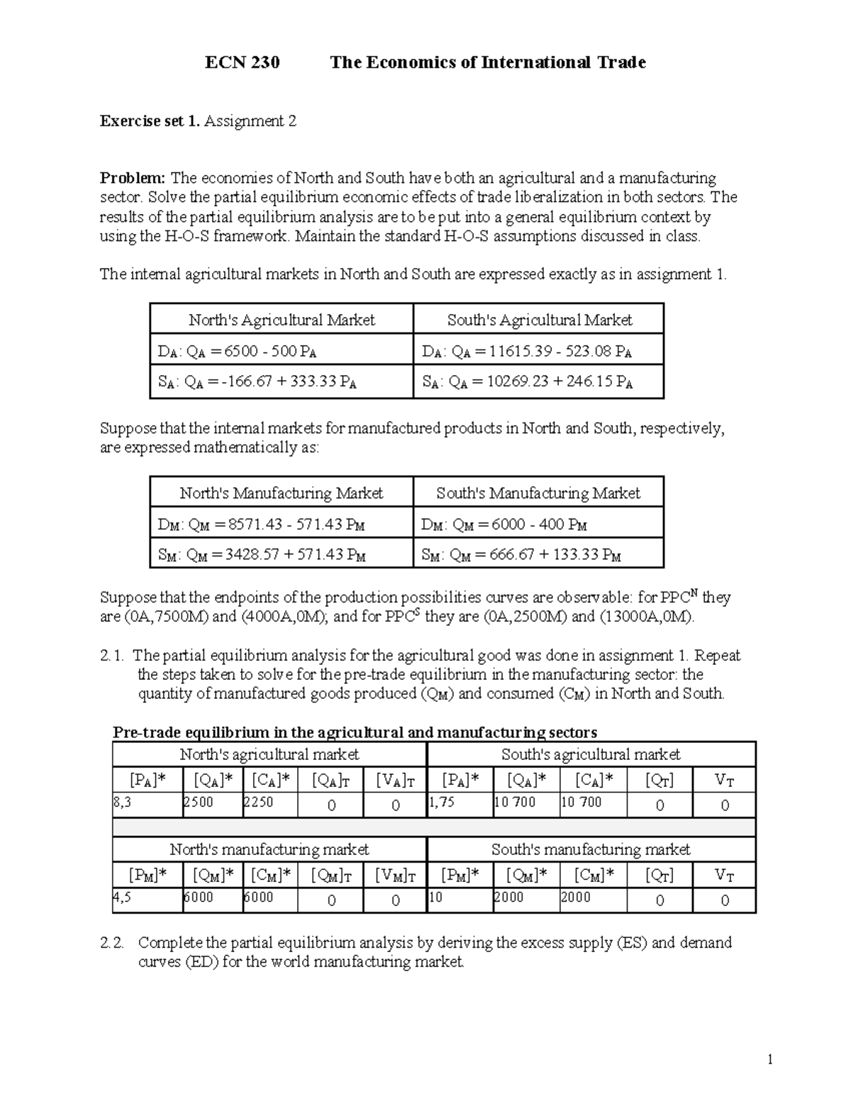 ECN 230 International Trade: Exercise Set 1 Analysis and Solutions ...