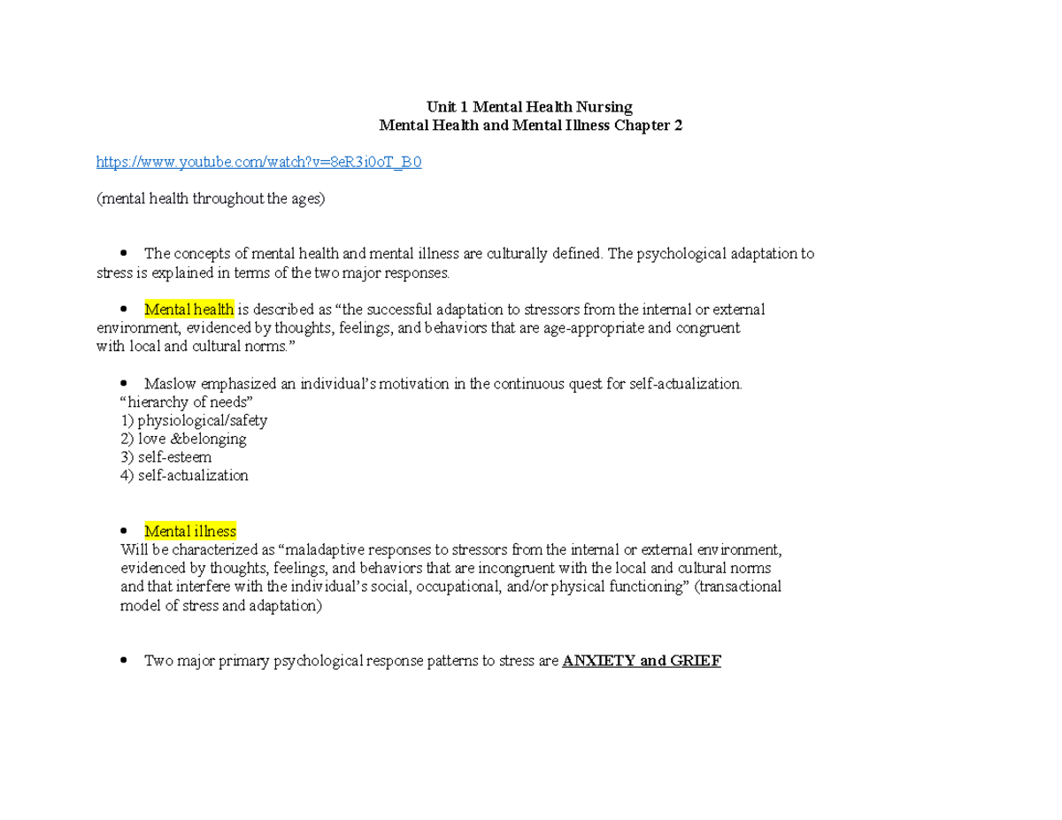 Unit 1 Mental Health Nursing: Key Concepts & Ethical Considerations ...