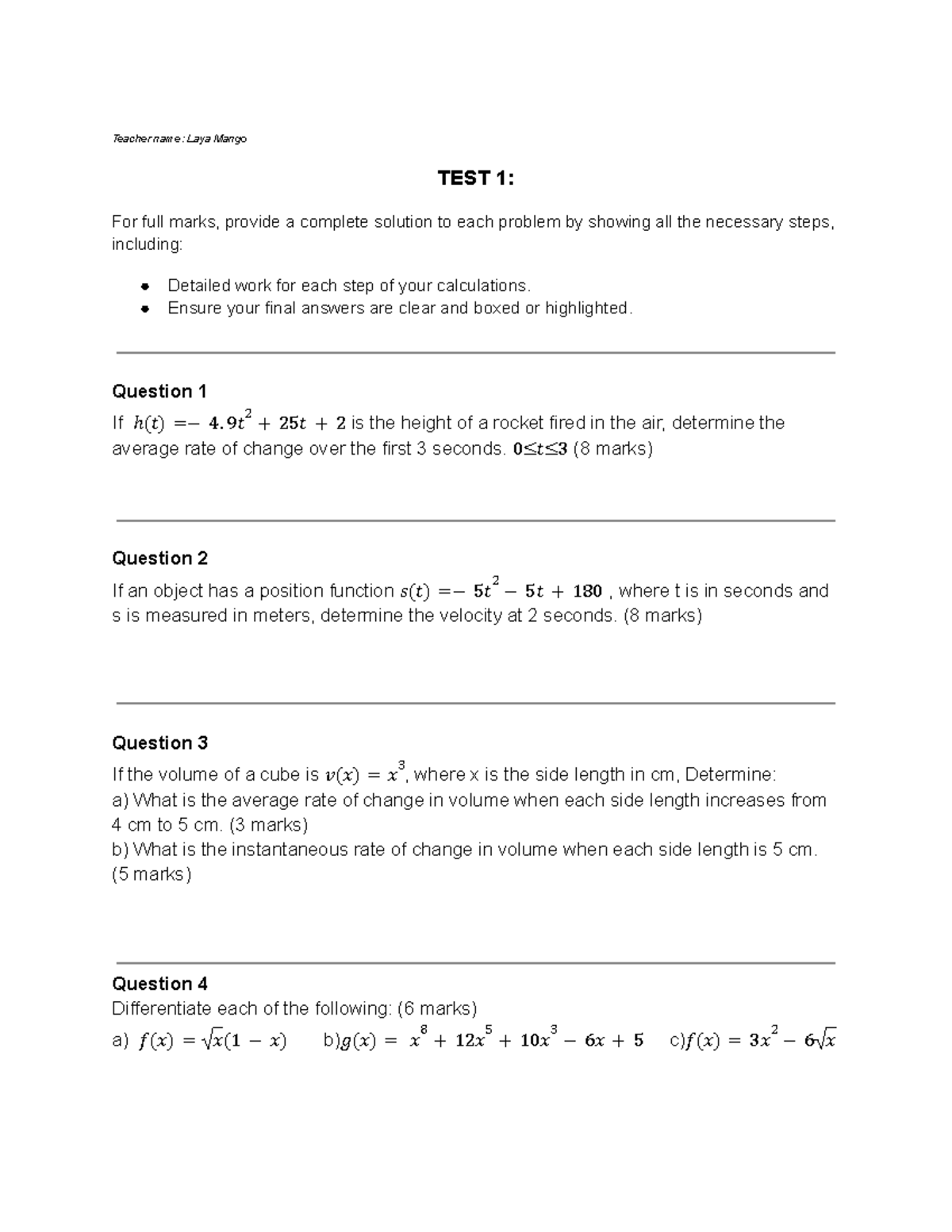 Test 1 - Calculus problems and solutions for full marks - Studocu