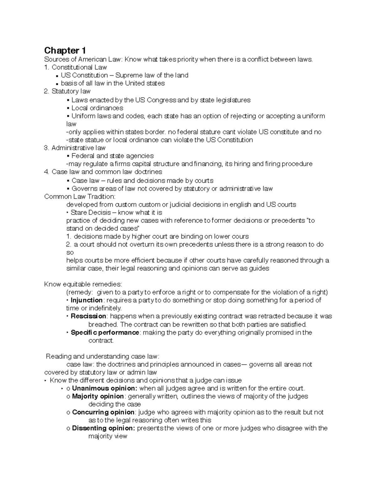 Bus 201 midterm study guide - Chapter 1 Sources of American Law: Know ...