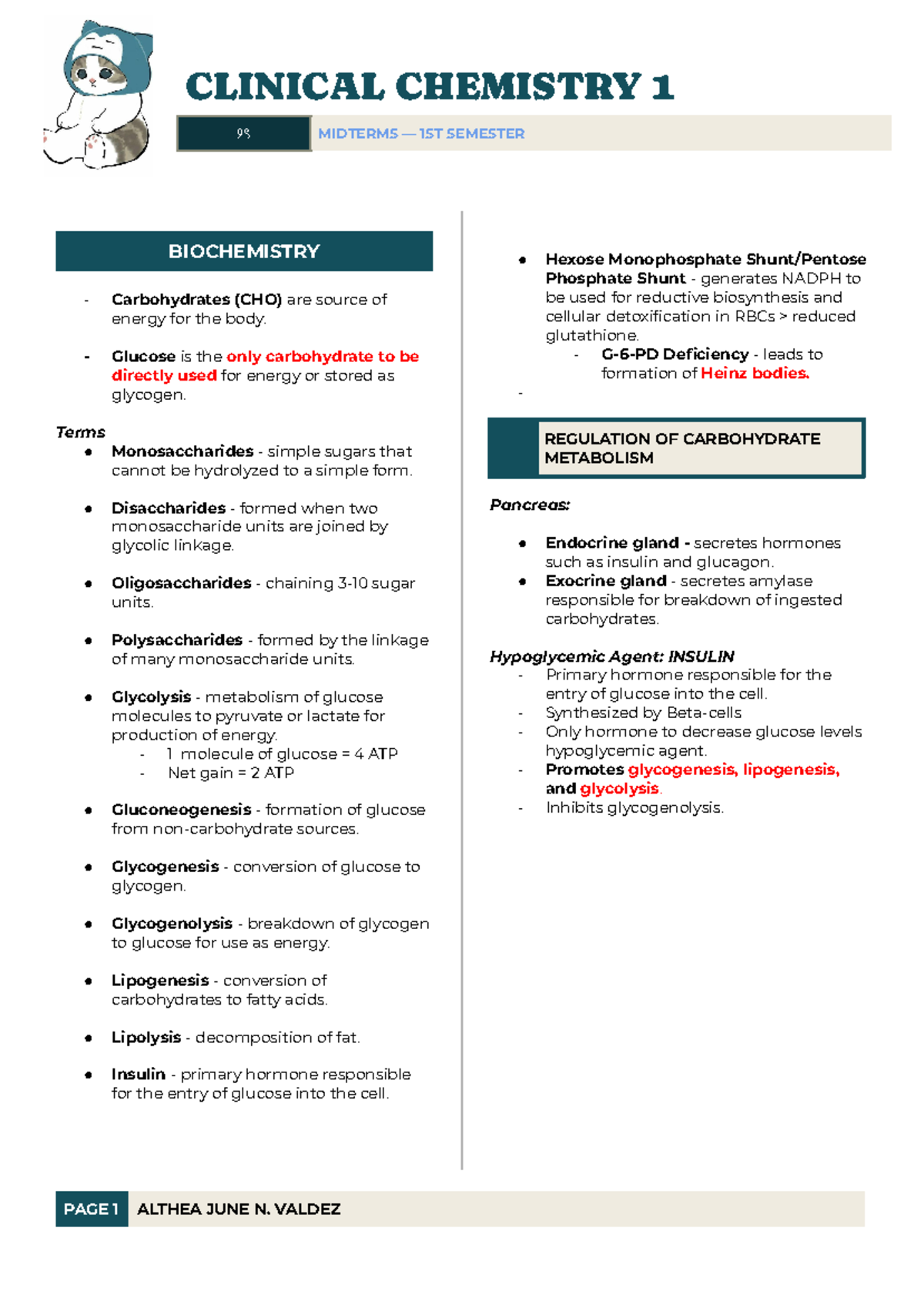 Clinical Chemistry 1 - Midterm Study Guide on Carbohydrate Metabolism ...