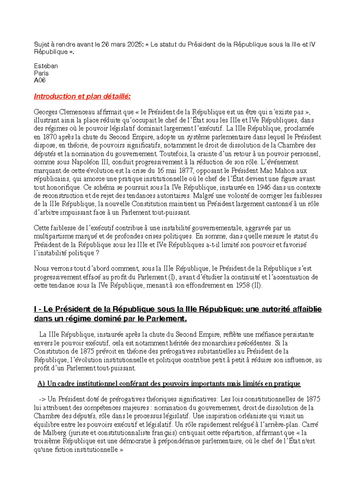 Le statut du Président de la République sous la IIIe et IVe Républiques ...