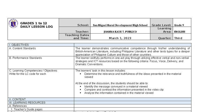 635495066 Detailed Lesson Plan Determine the relevance and truthfulness ...
