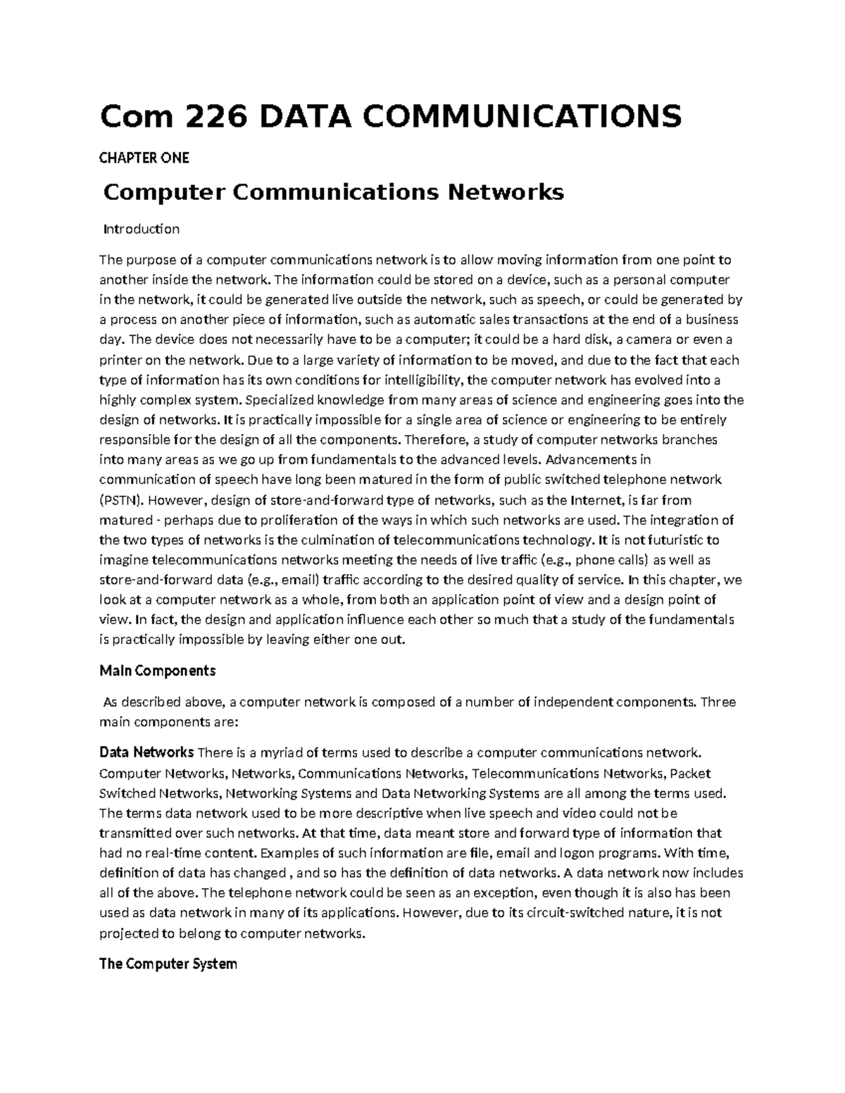 Com 226 DATA COMMUNICATIONS CHAPTER 1: Introduction to Networks - Studocu