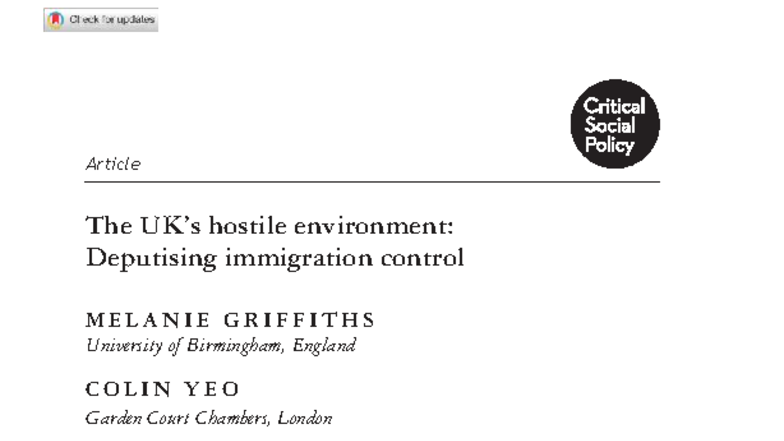 980653 Critical Analysis of the UK's Hostile Environment Policy - Studocu