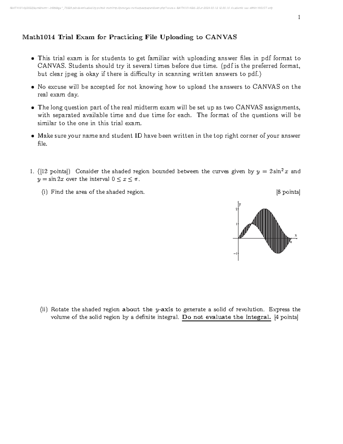 MATH1014 Midterm Trial Exam for Practice on CANVAS Uploading - Studocu