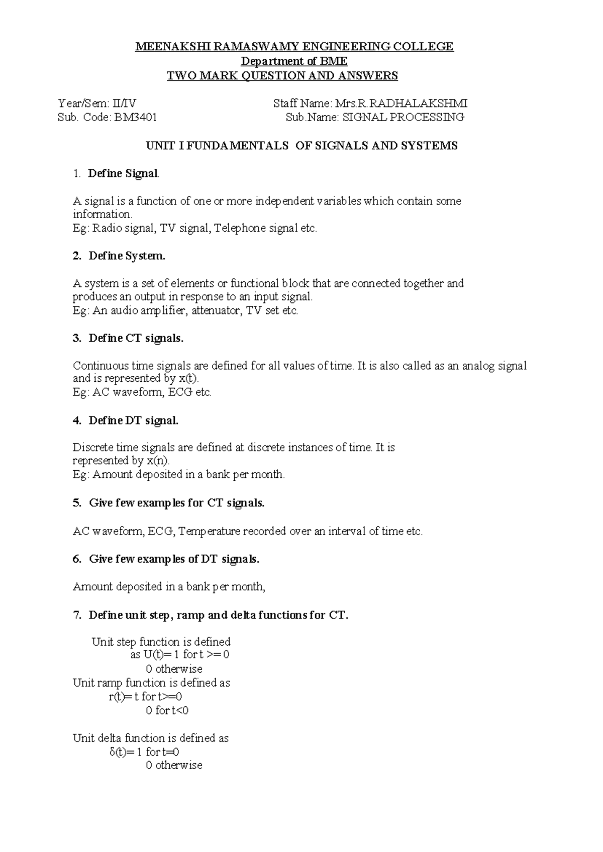 SP BM3401 Two Mark Questions and Answers on Signal Processing - Studocu