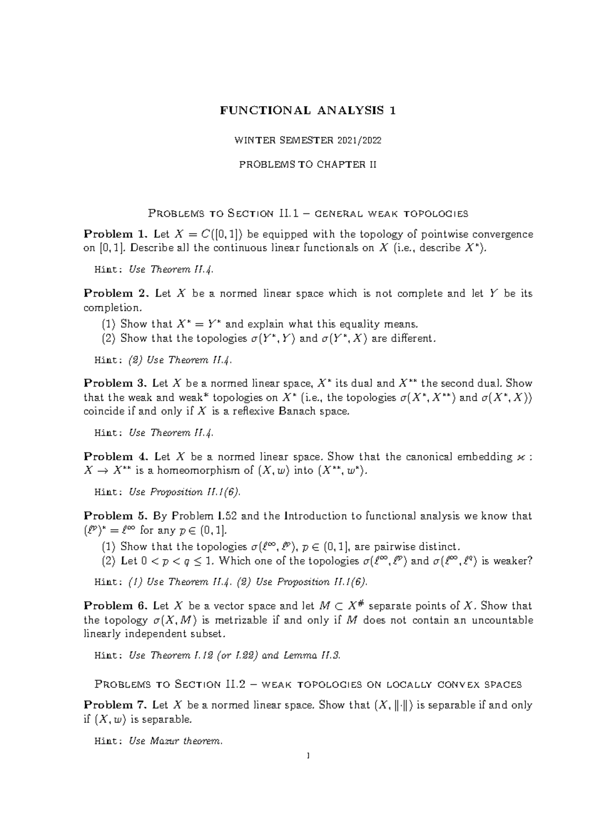 Functional Analysis 1: Winter Semester Problems for Chapter II - Studocu
