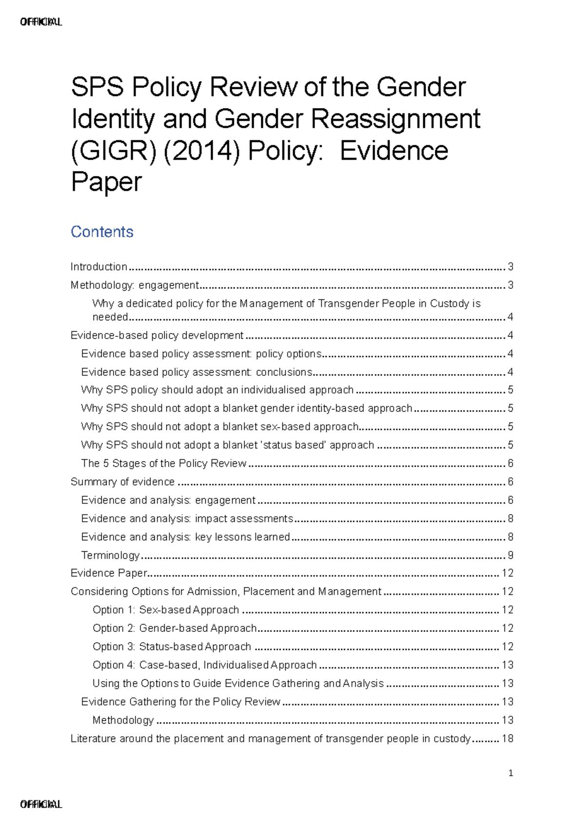 Evidence Paper on Gender Identity & Reassignment Policy Review (SPS ...
