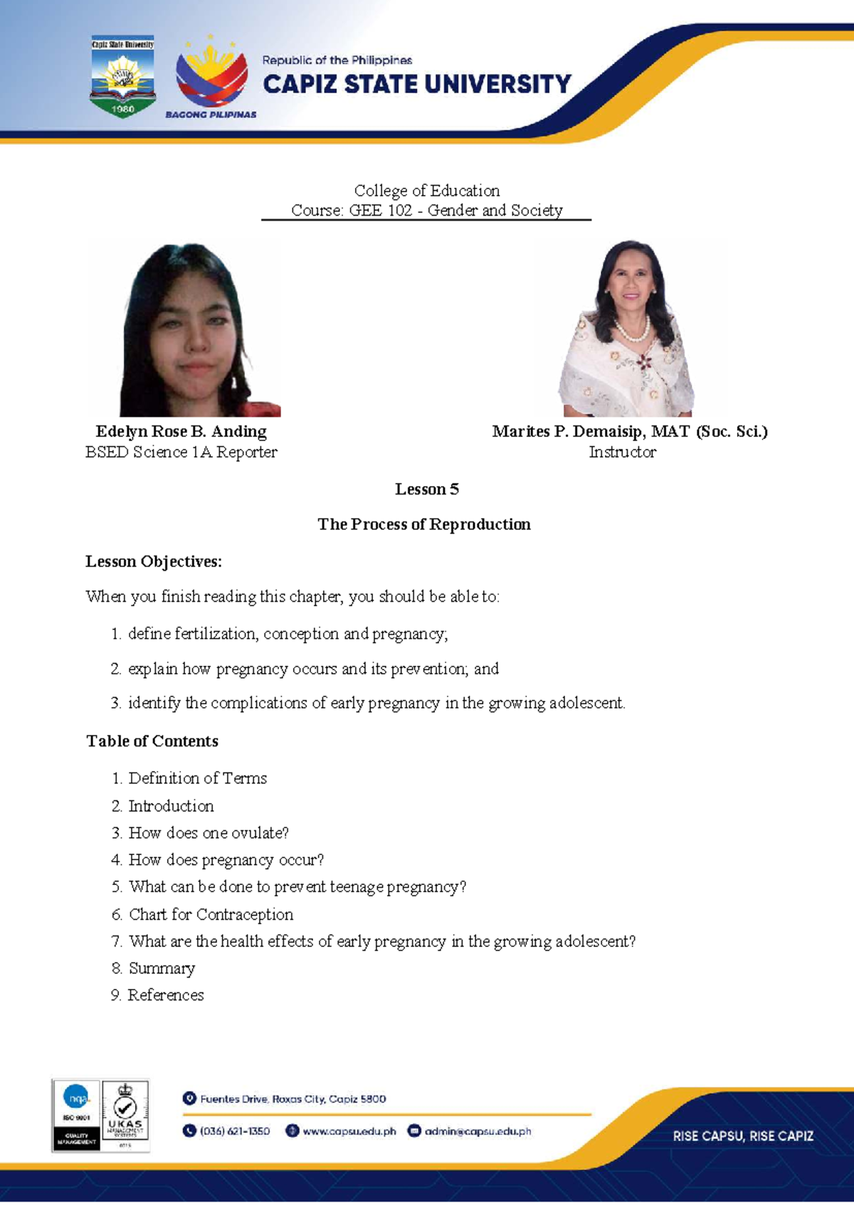 GEE 102 Lesson 5: The Process of Reproduction and Teen Pregnancy - Studocu