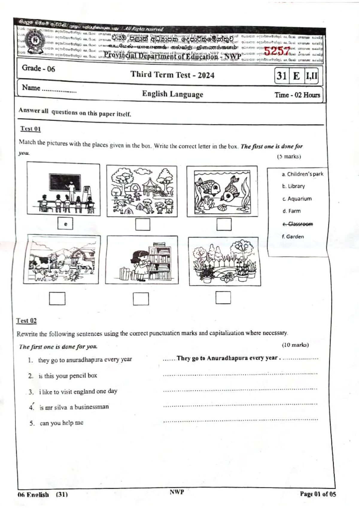 English - Grade 06 - Third Term Test 2024 (NWP) - Studocu