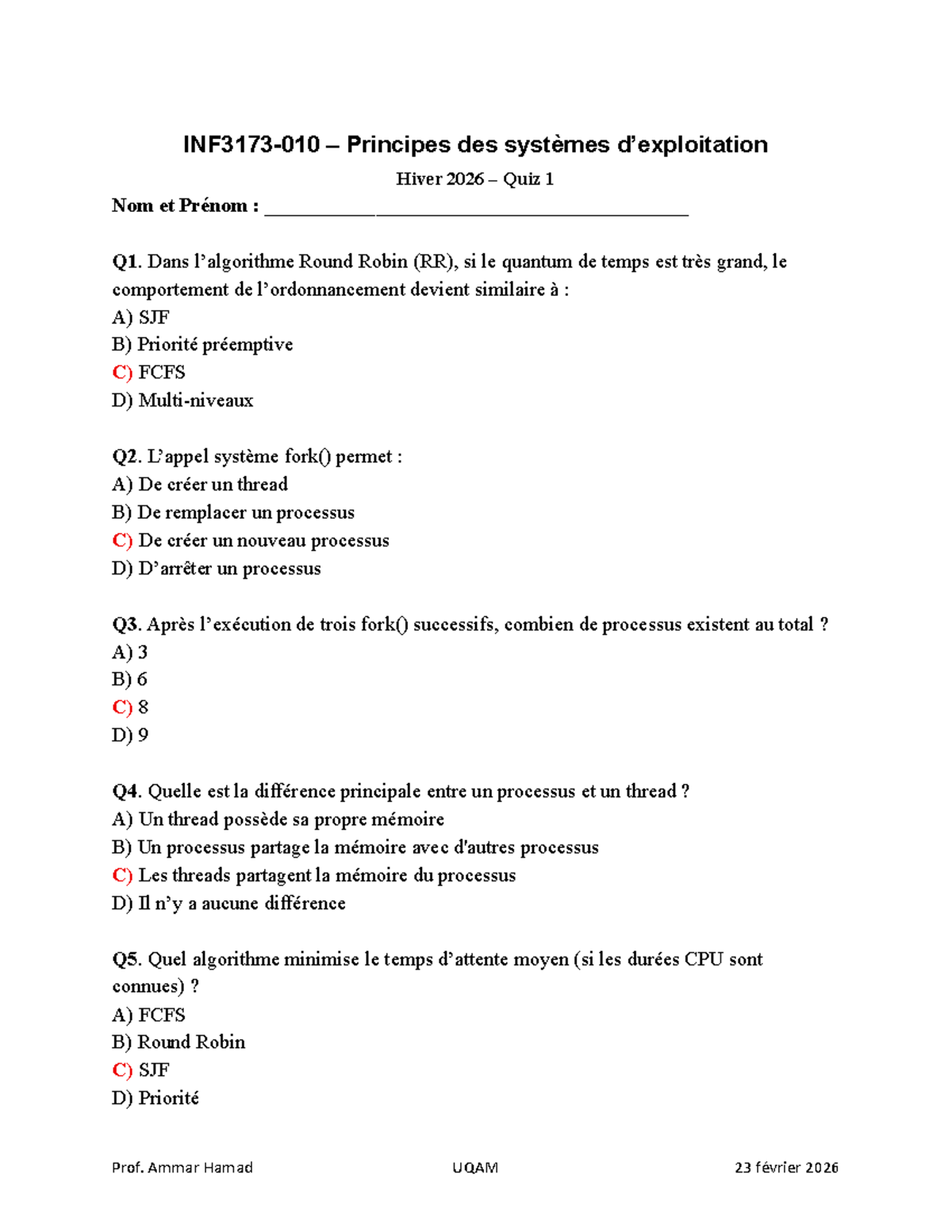 Inf3173-010 H26 Quiz 1 Solutions - Systèmes Hiver 2026 - Studocu