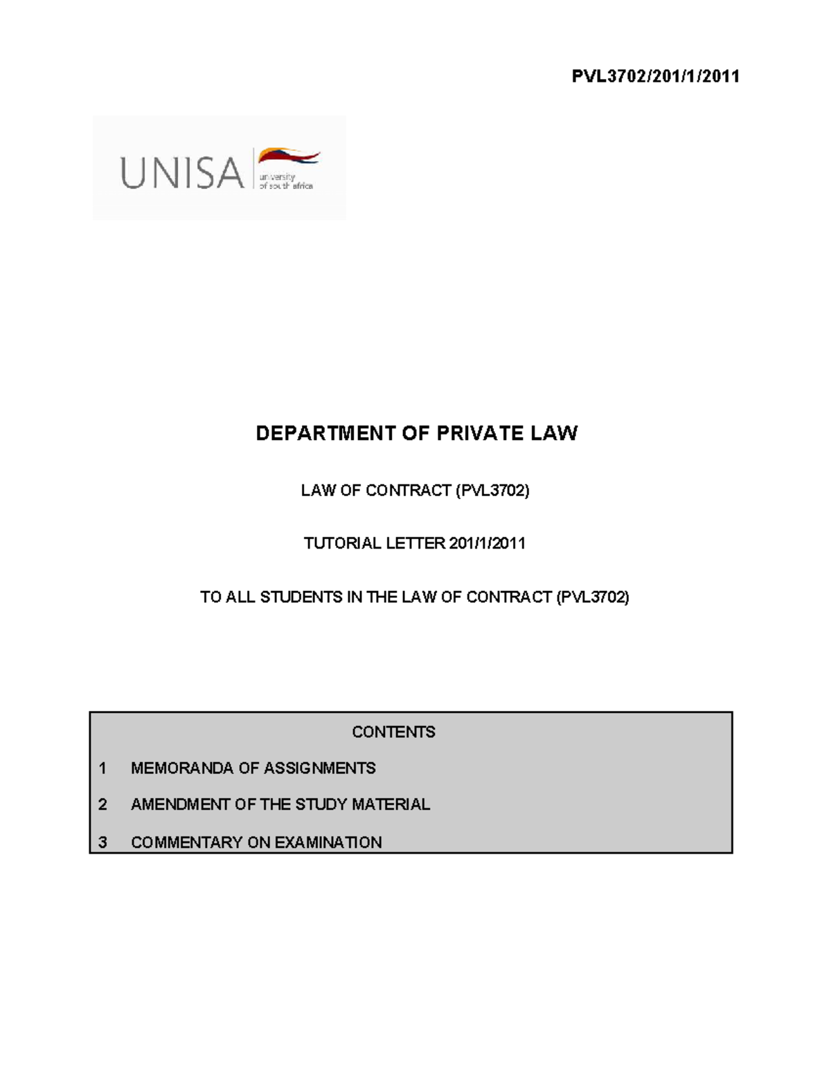 Law of Contract (PVL3702) Tutorial Letter: Assignments & Exam Insights ...